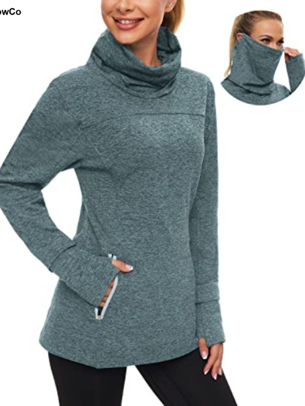 Fleece Running Pullover Sweatshirt Cowl Neck Thumb Holes Gaiter